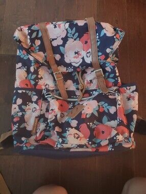 Navy Floral Backpack with Tan Straps